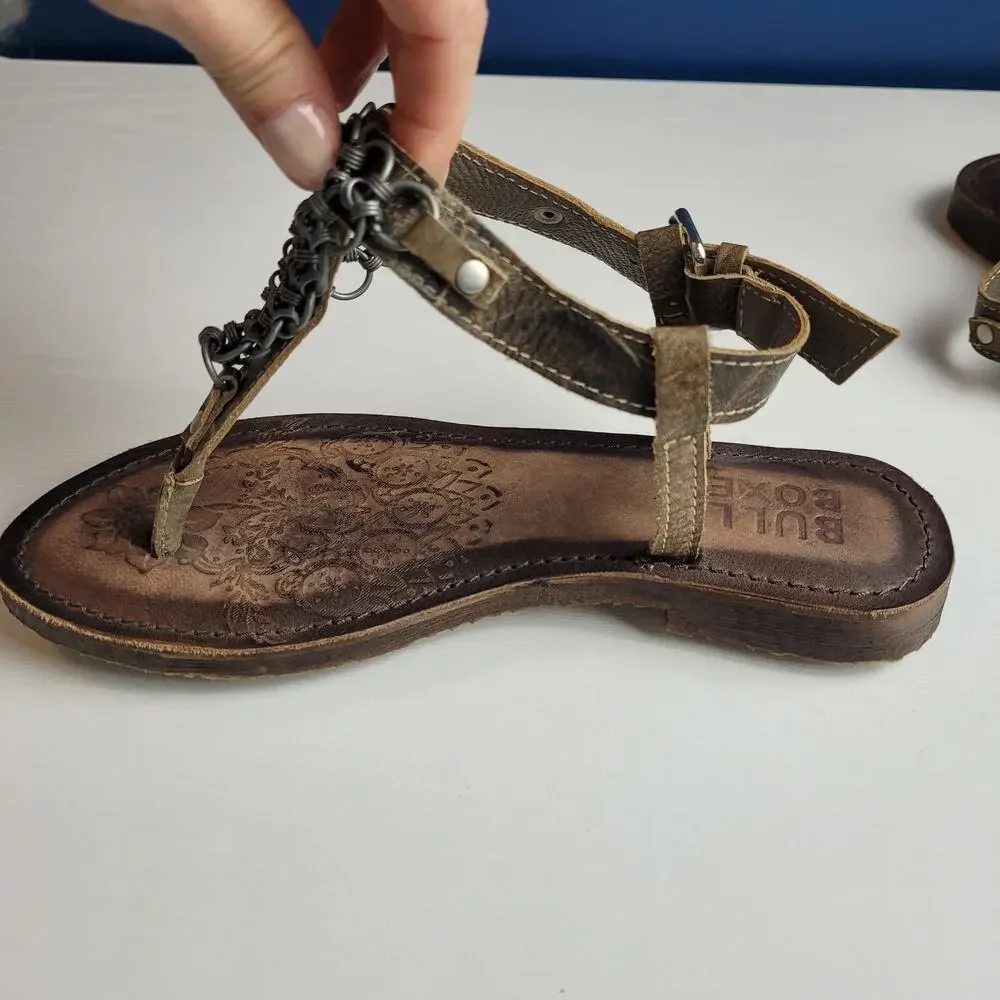 Bull Boxer Annalise Chain Sandals Leather Flats ‎ T-strap Thong Brown Boho